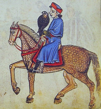 Falkner zu Pferd. Friedrich II., De arte venandi cum avibus, 13. Jahrhundert
